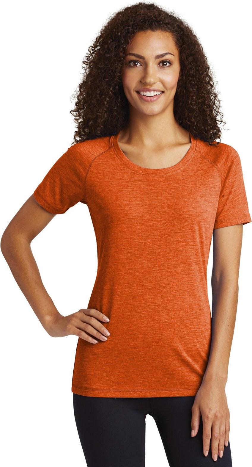 Front View of Deep Orng Hthr Sport-Tek Women's PosiCharge Tri-Blend Wicking Scoop Neck Raglan Tee. LST400