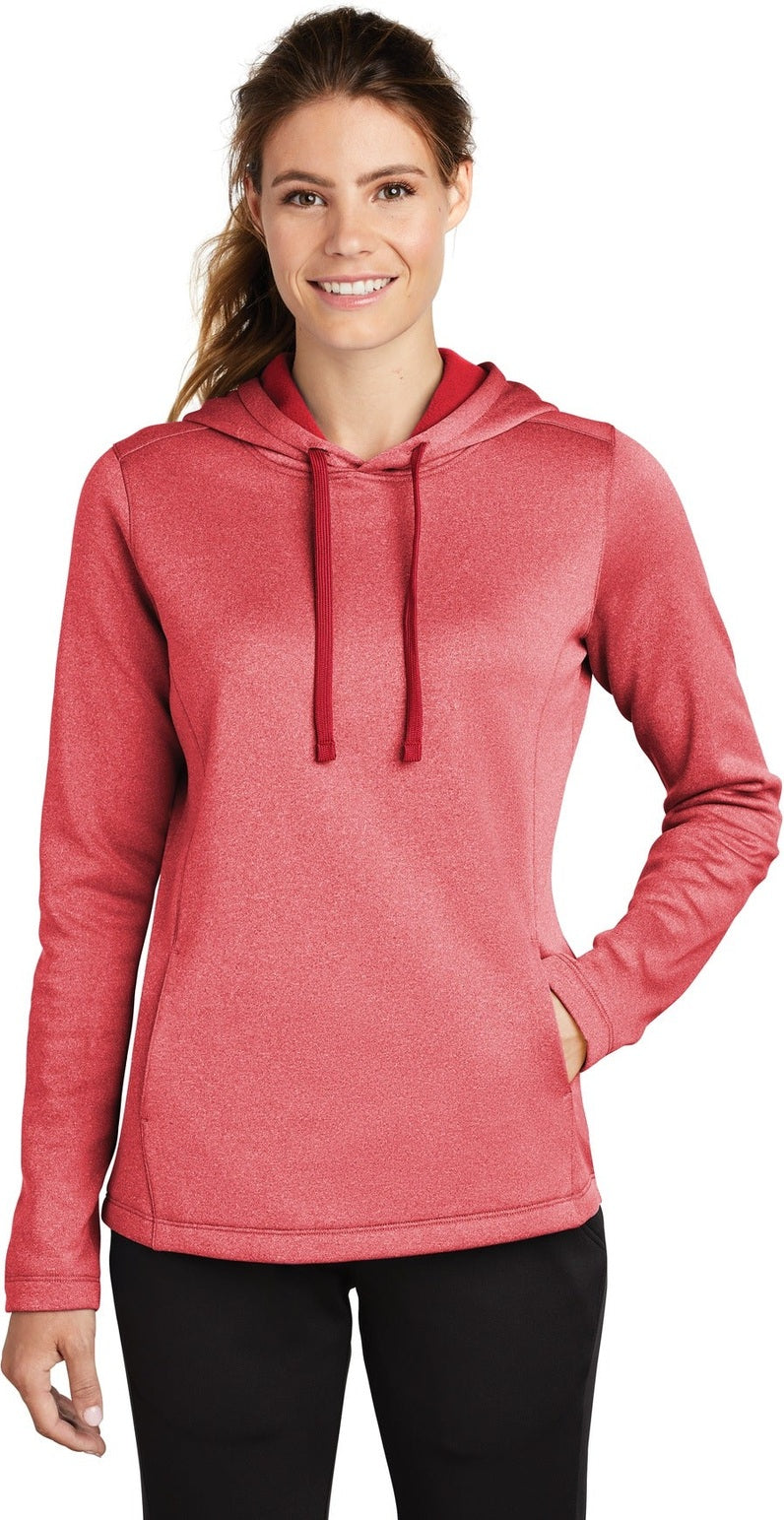 Front View of Deep Red Hthr Sport-Tek Women's PosiCharge Sport-Wick Heather Fleece Hooded Pullover. LST264