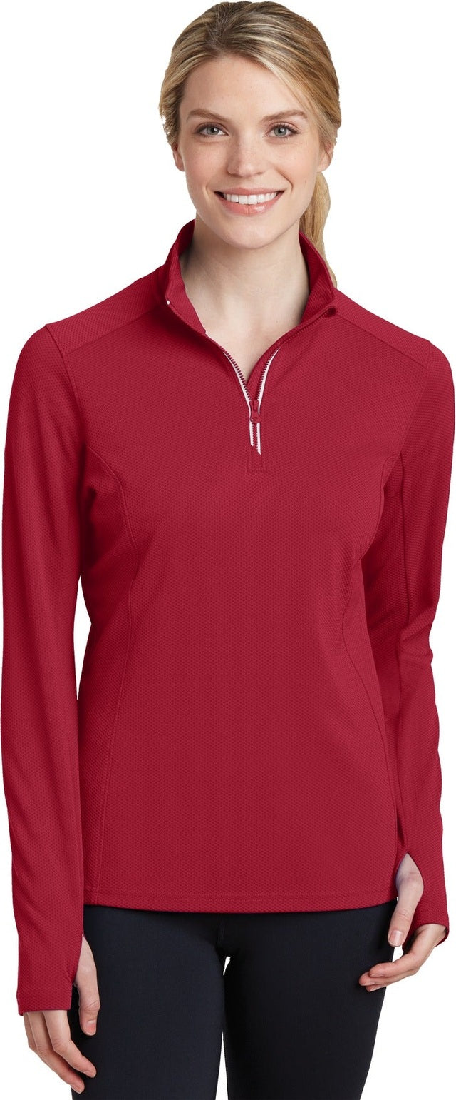 Front View of Deep Red Sport-Tek Women's Sport-Wick Textured 1/4-Zip Pullover. LST860