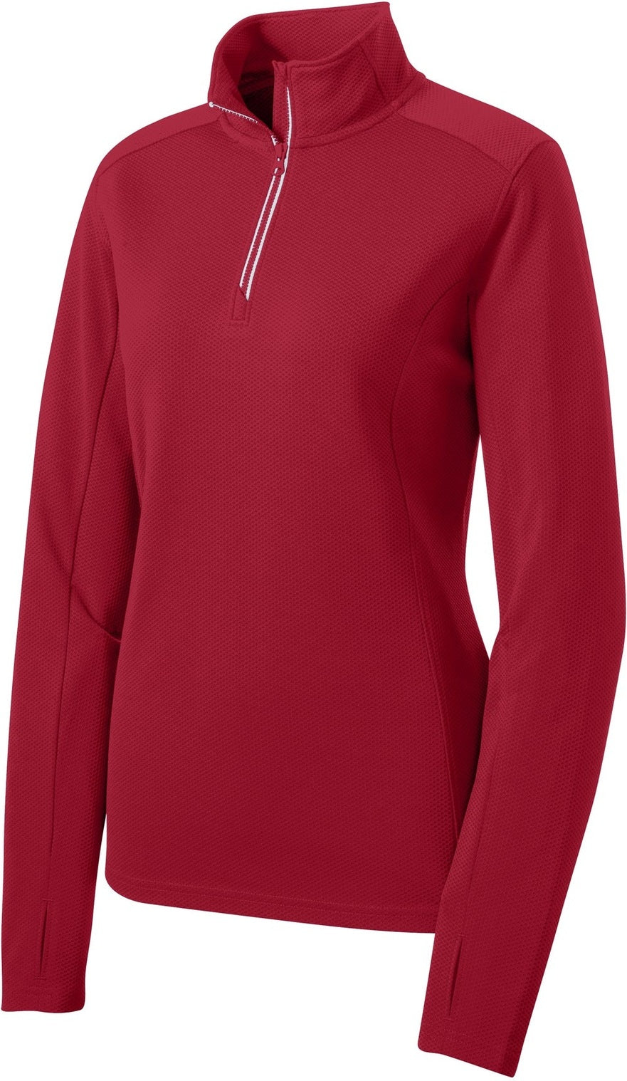 Front View of Deep Red Sport-Tek Women's Sport-Wick Textured 1/4-Zip Pullover. LST860