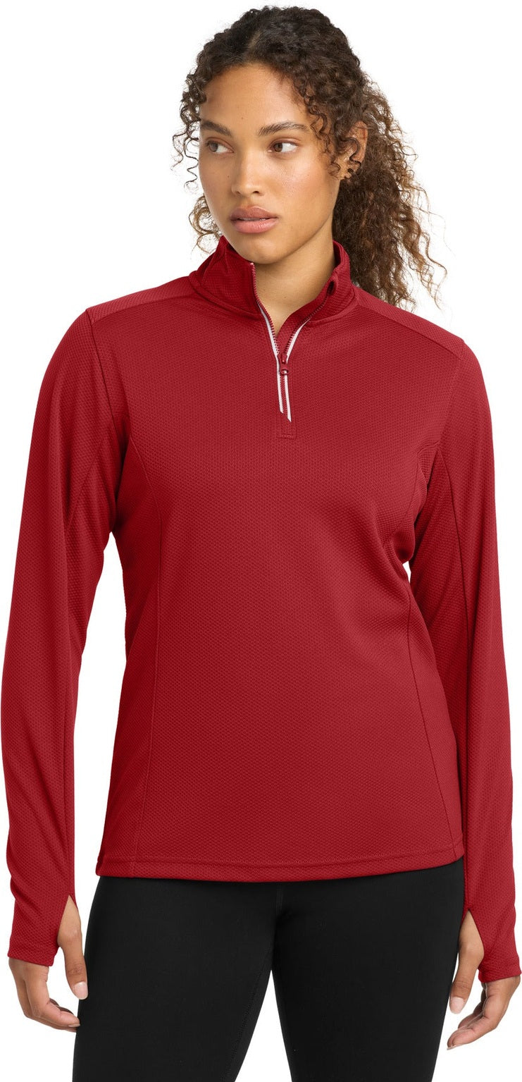 Front View of Deep Red Sport-Tek Women's Sport-Wick Textured 1/4-Zip Pullover. LST860