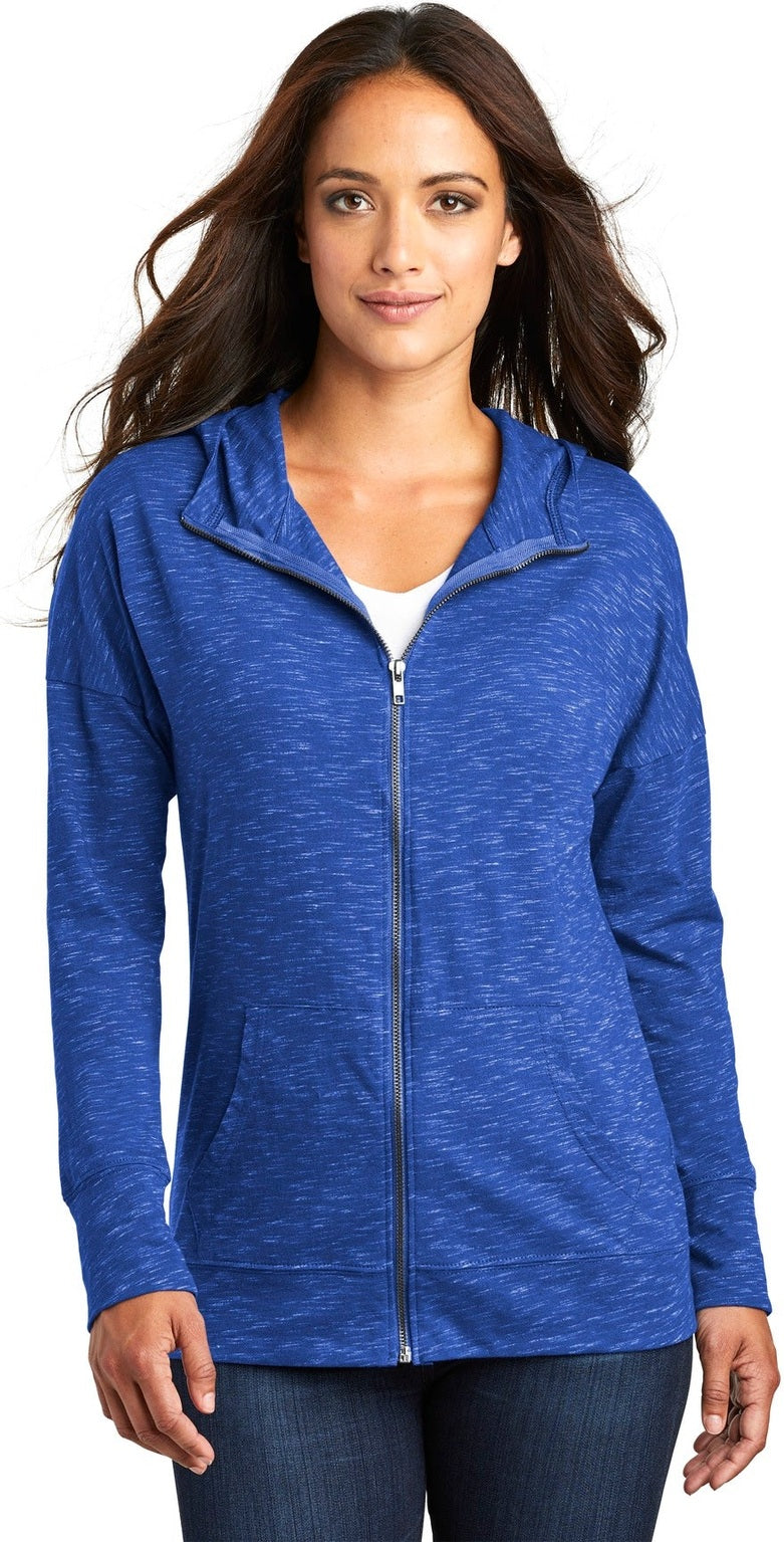 Front View of Deep Royal District Women's Medal Full-Zip Hoodie. DT665