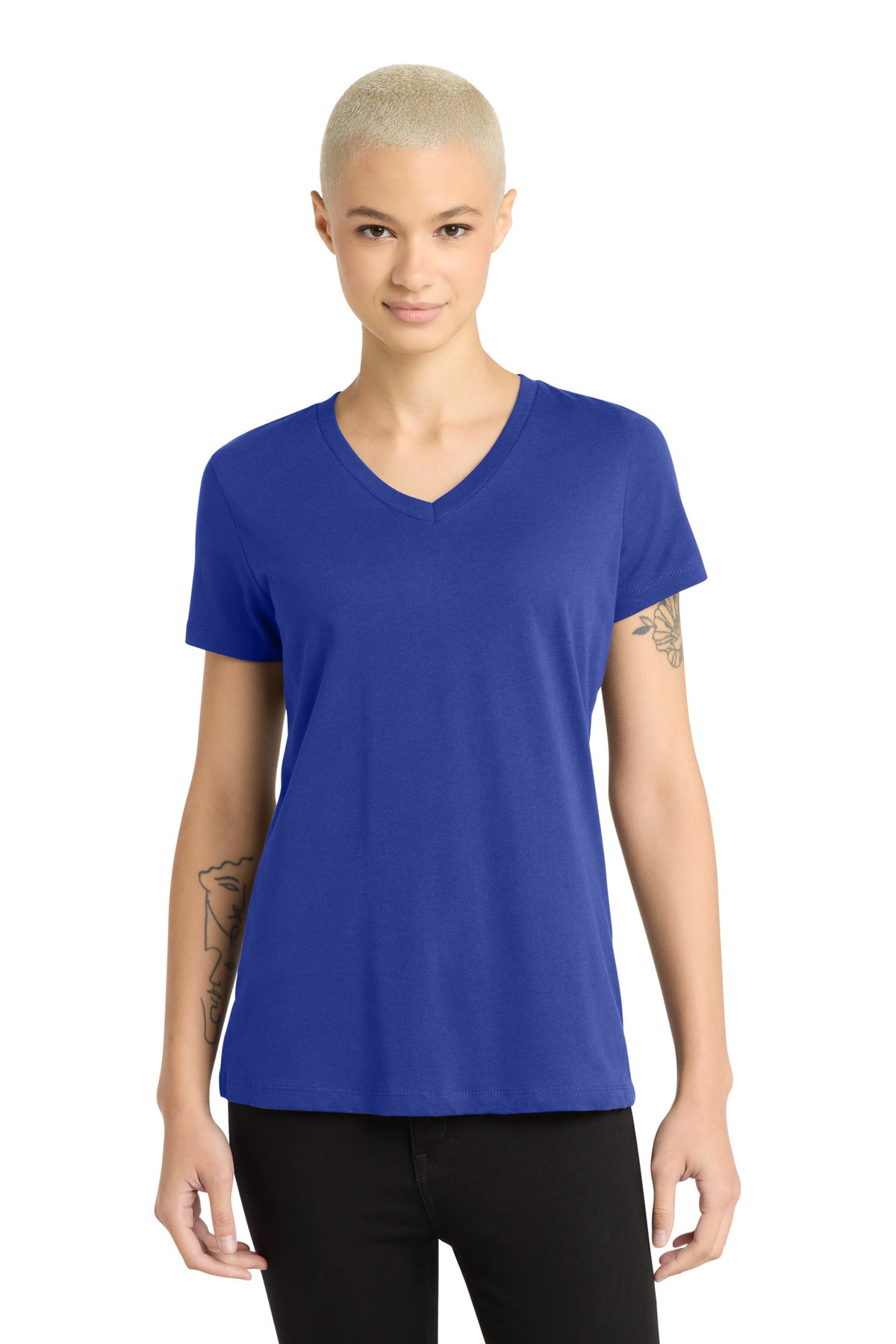 Front View of Deep Royal District - Women's Perfect Weight V-Neck Tee. DM1170L