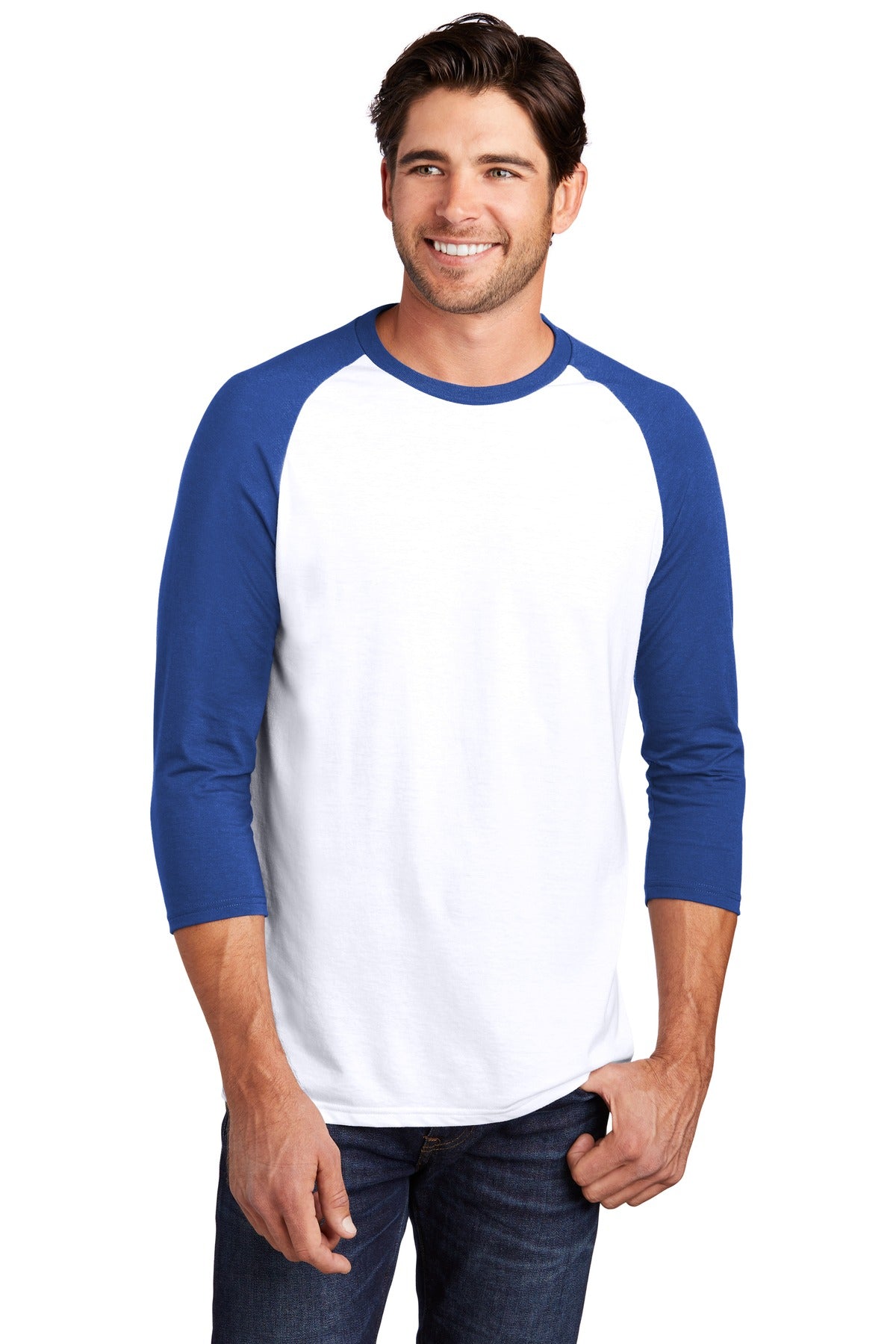 Front View of Deep Royal/Wht District Perfect Tri 3/4-Sleeve Raglan. DM136