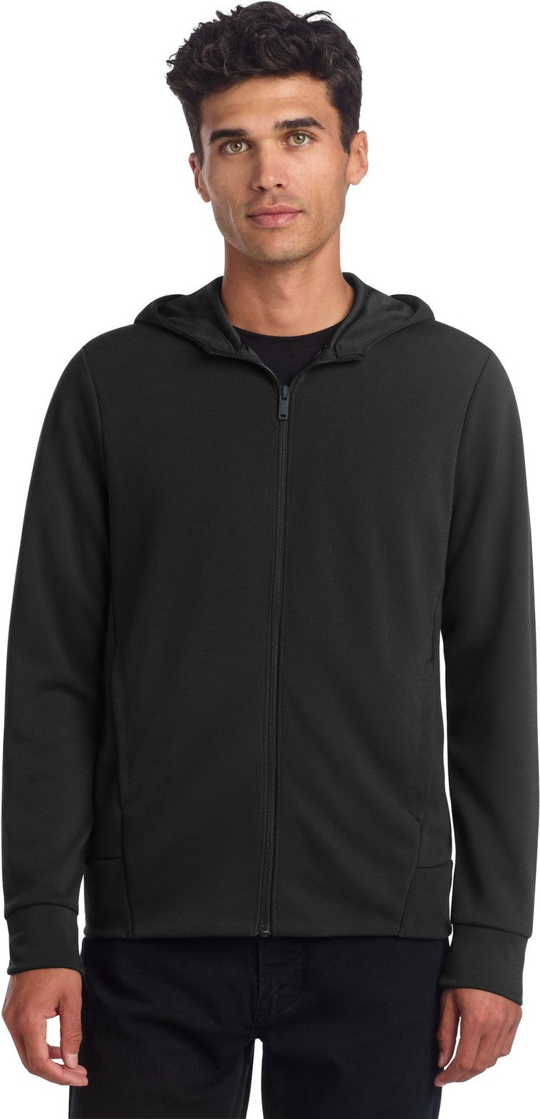 Front View of DeepBlack Mercer+Mettle Double-Knit Full-Zip Hoodie MM3002