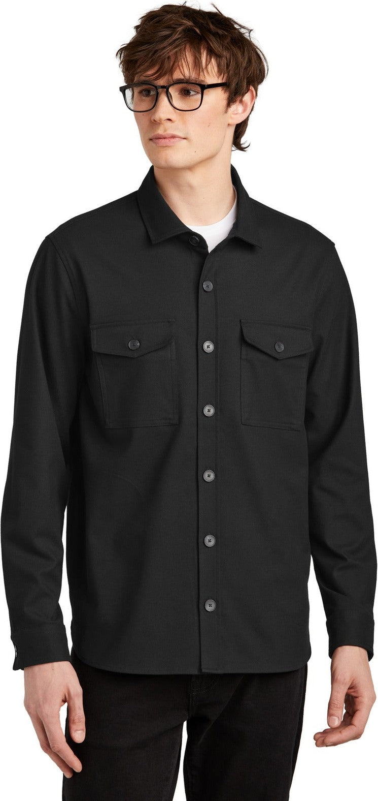Front View of DeepBlack Mercer+Mettle Long Sleeve Twill Overshirt MM2020