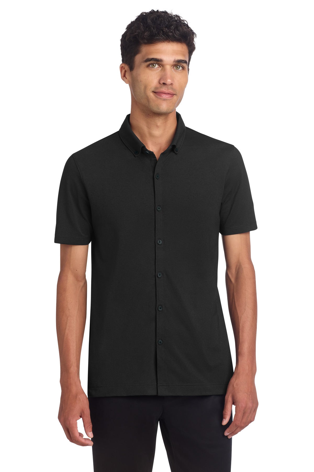 Front View of DeepBlack Mercer+Mettle Stretch Pique Full-Button Polo MM1006