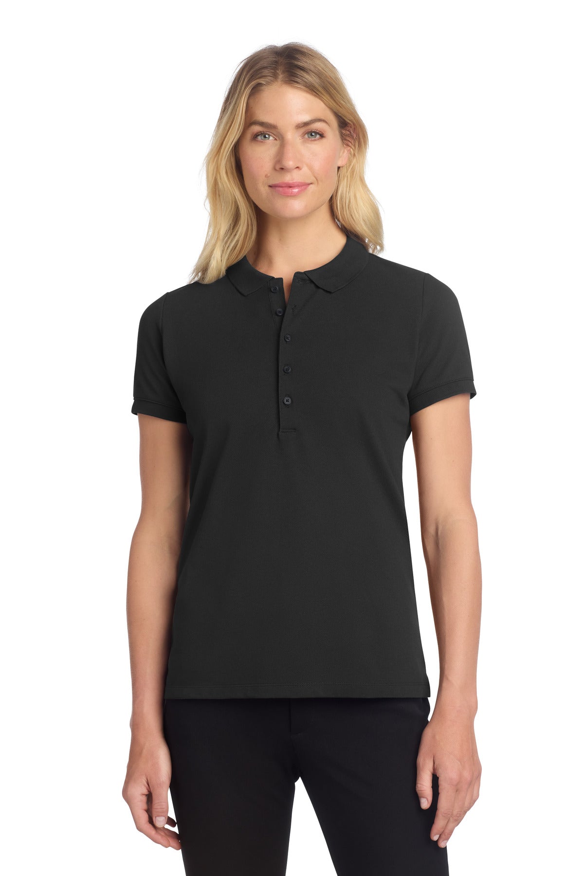 Front View of DeepBlack Mercer+Mettle Women's Stretch Heavyweight Pique Polo MM1001