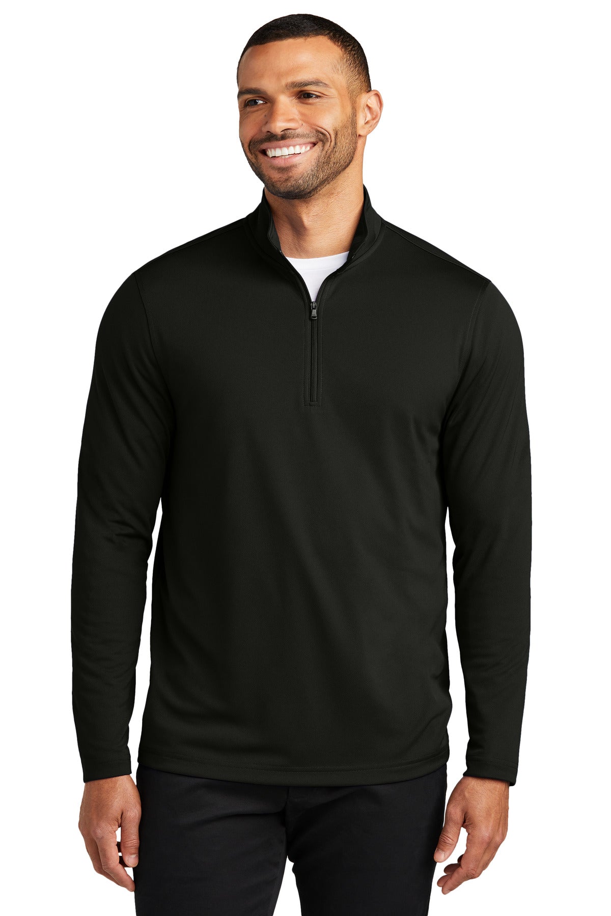 Front View of DeepBlack Port Authority Dry Zone UV Micro-Mesh 1/4-Zip K112