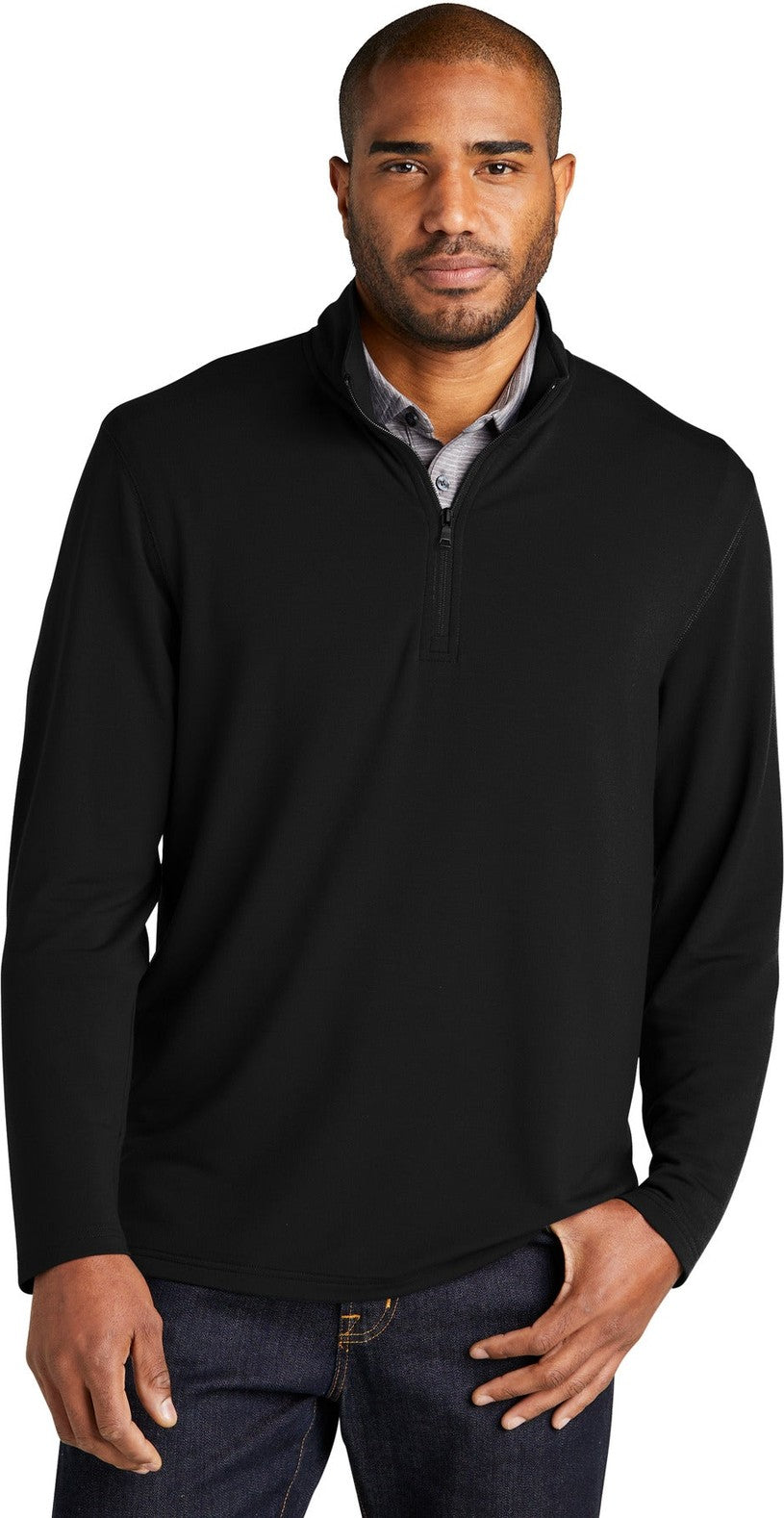 Front View of DeepBlack Port Authority Microterry 1/4-Zip Pullover K825