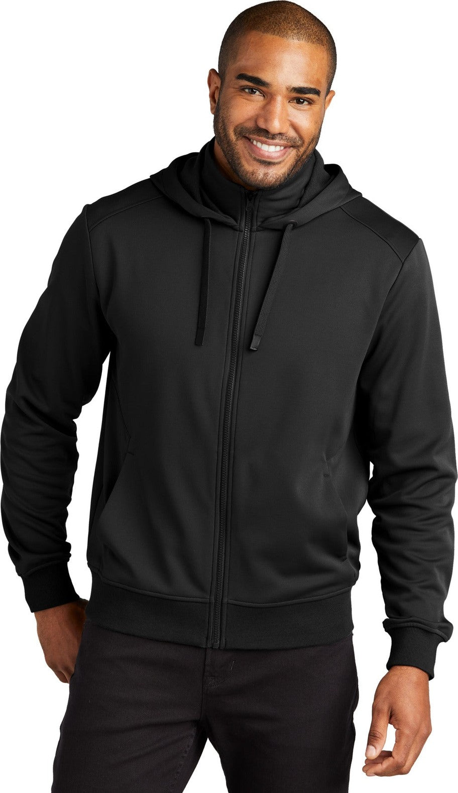 Front View of DeepBlack Port Authority Smooth Fleece Hooded Jacket F814