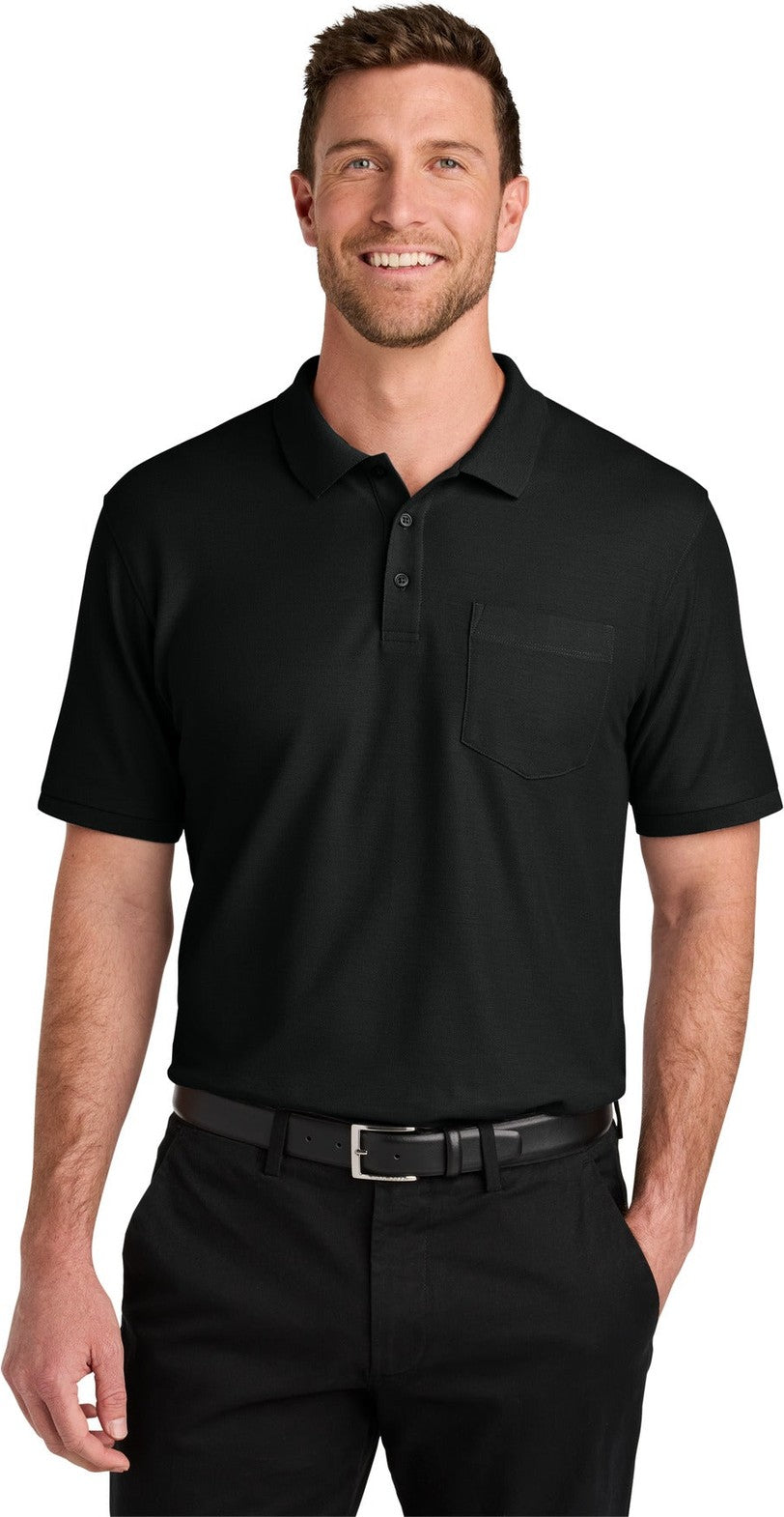 Front View of DeepBlack Port Authority Wearever Signature Pique Pocket Polo K200P