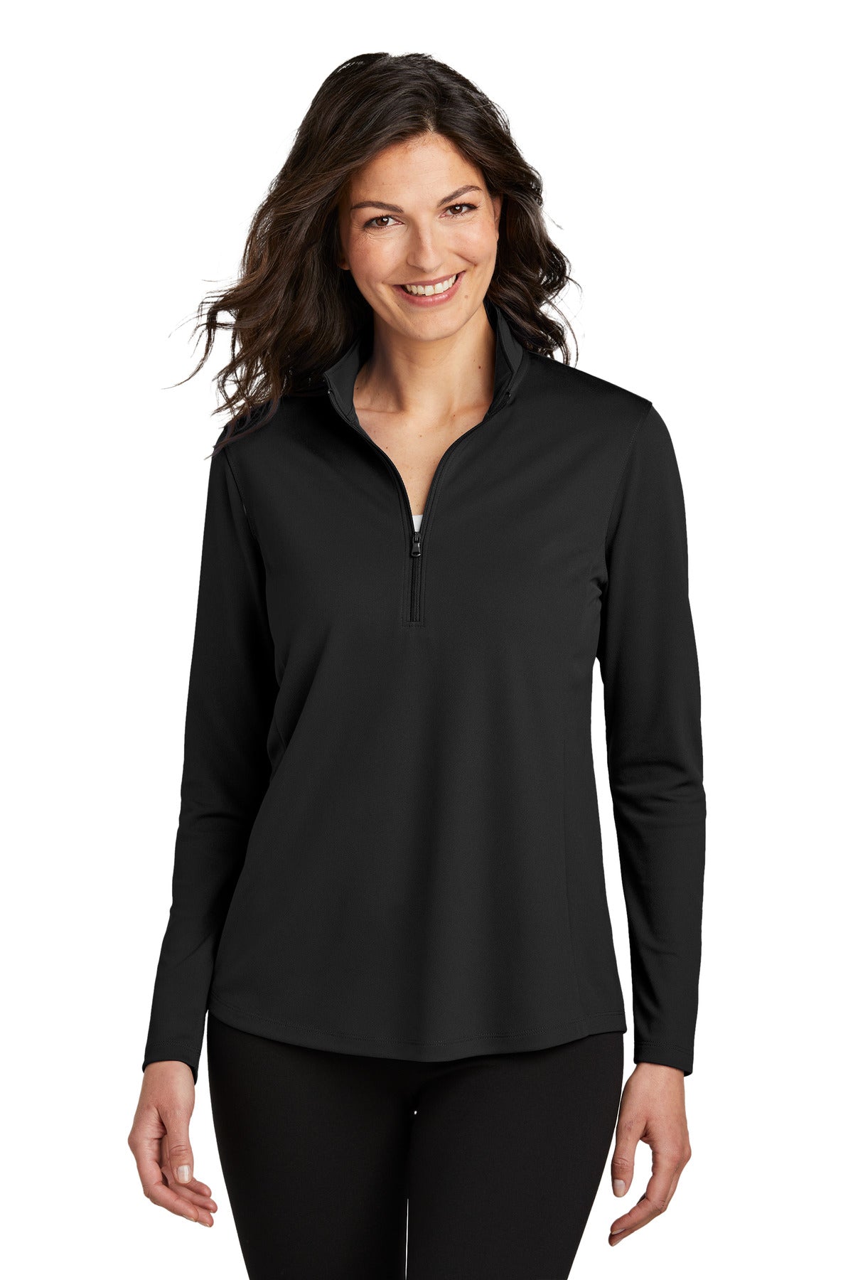 Front View of DeepBlack Port Authority Women's Dry Zone UV Micro-Mesh 1/4-Zip LK112