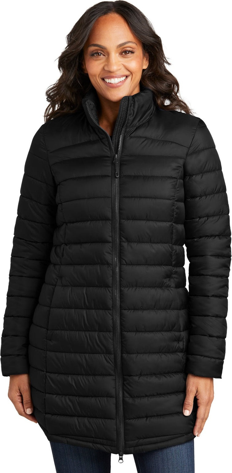Front View of DeepBlack Port Authority Women's Horizon Puffy Long Jacket L365