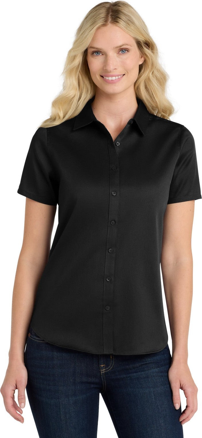 Front View of DeepBlack Port Authority Women's Short Sleeve SuperPro React Twill Shirt. LW809