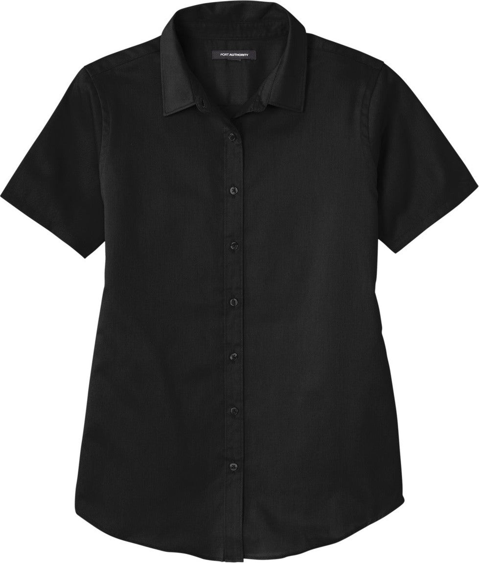 Front View of DeepBlack Port Authority Women's Short Sleeve SuperPro React Twill Shirt. LW809