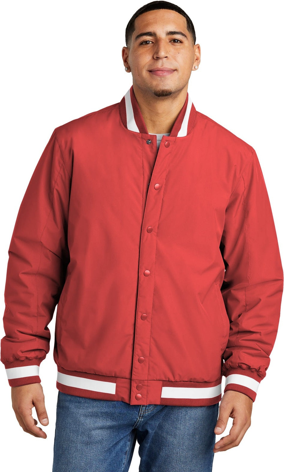 Front View of DeepRed Sport-Tek Insulated Varsity Jacket JST58