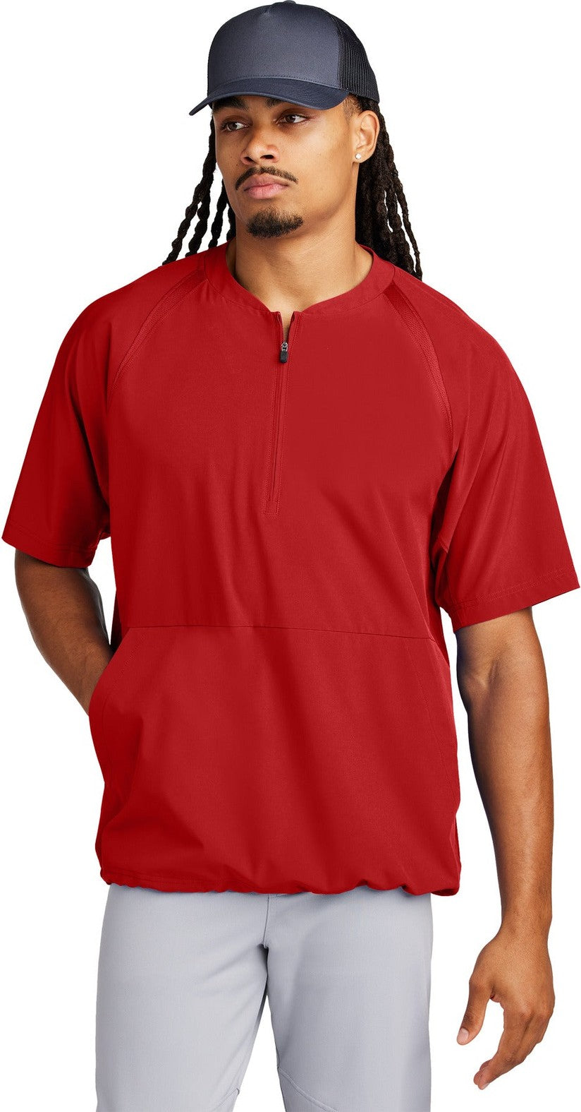 Front View of DeepRed Sport-Tek Repeat 1/2-Zip Short Sleeve Jacket JST489
