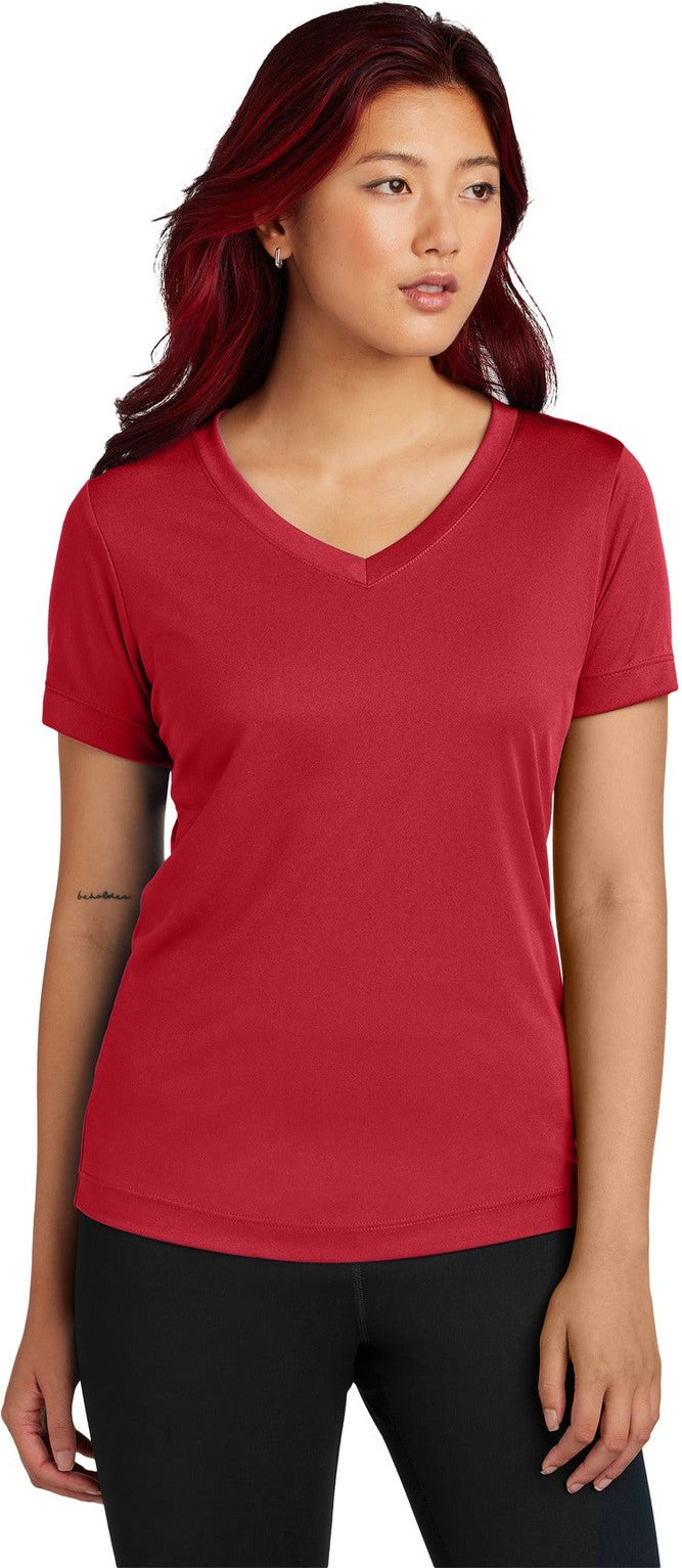 Front View of DeepRed Sport-Tek Women's PosiCharge Competitor V-Neck Tee. LST353