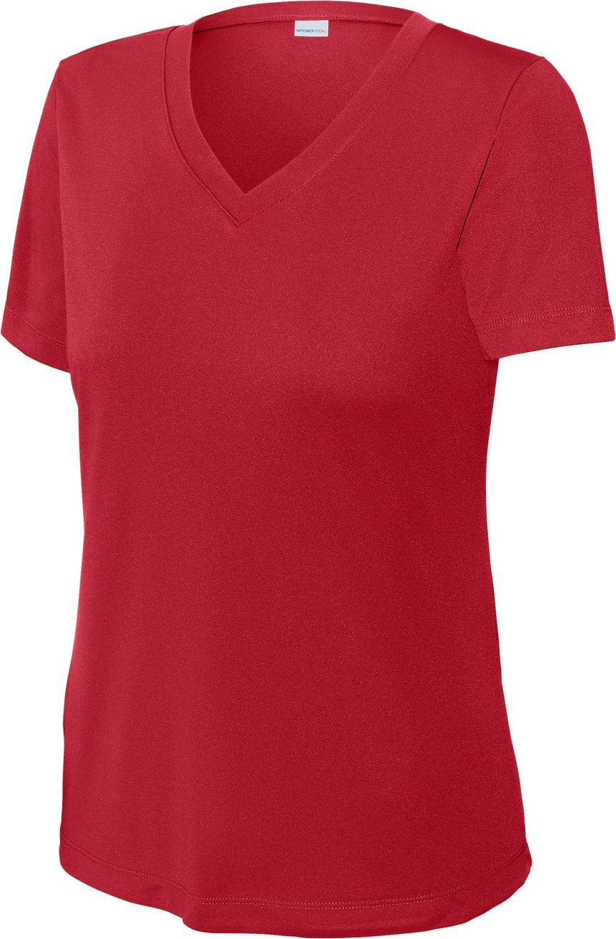 Front View of DeepRed Sport-Tek Women's PosiCharge Competitor V-Neck Tee. LST353