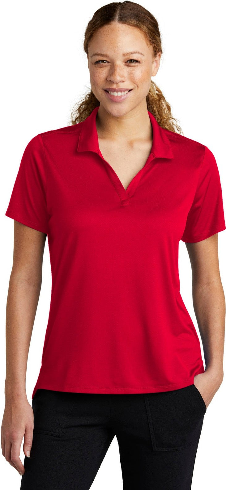 Front View of DeepRed Sport-Tek Women's Sideline Polo LST535