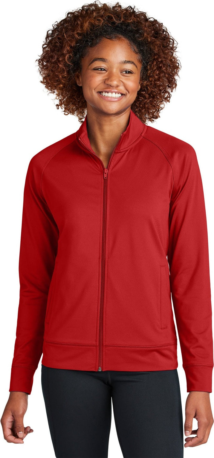 Front View of DeepRed Sport-Tek Women's Sport-Wick Stretch Full-Zip Cadet Jacket LST857