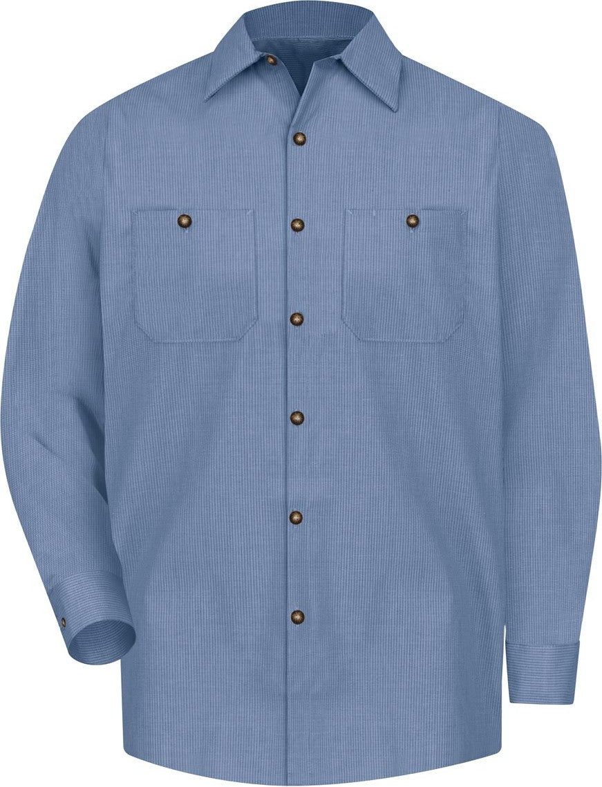 Front View of Denim Blue Microcheck Industrial Long Sleeve Work Shirt - Tall Sizes - SP14T
