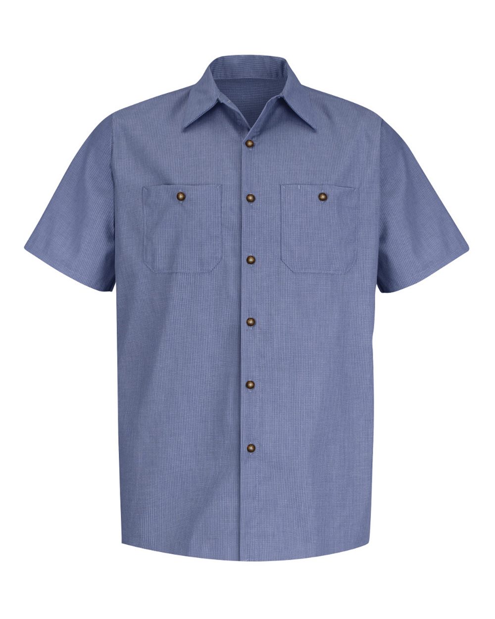 Front View of Denim Blue Microcheck Industrial Short Sleeve Work Shirt - SP24
