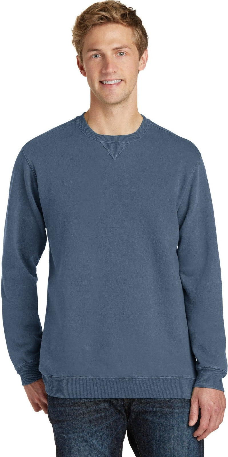 Front View of Denim Blue Port & Co Beach Wash Garment-Dyed Crewneck Sweatshirt PC098
