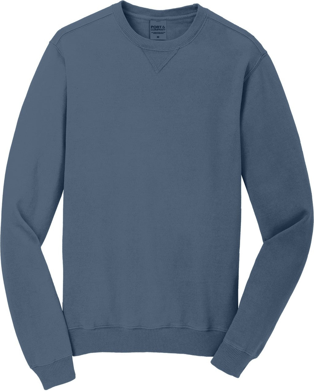 Front View of Denim Blue Port & Co Beach Wash Garment-Dyed Crewneck Sweatshirt PC098