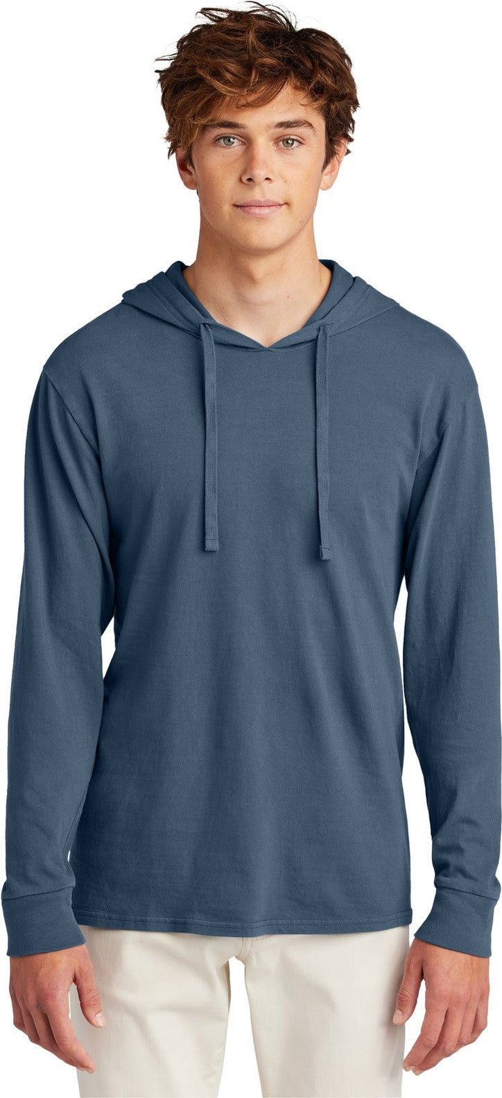 Front View of DenimBlue Port & Co Beach Wash Garment-Dyed Pullover Hooded Tee PC099H