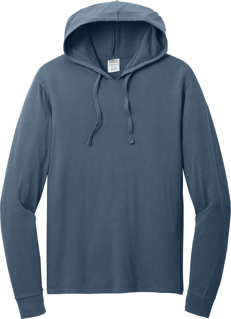 Front View of DenimBlue Port & Co Beach Wash Garment-Dyed Pullover Hooded Tee PC099H