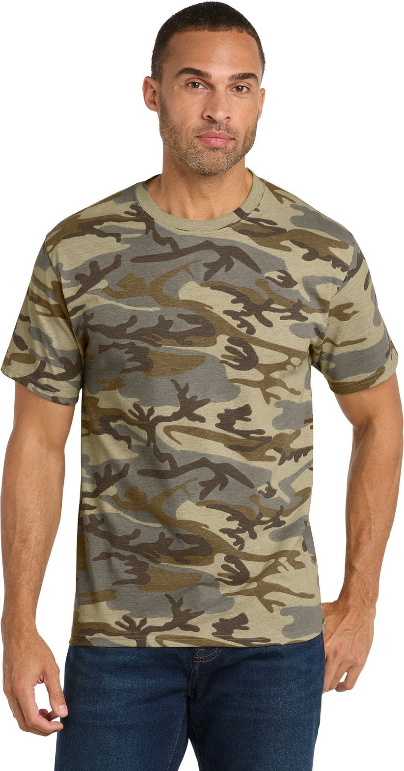 Front View of Desert Camo Port & Co Core Cotton Camo Tee. PC54C