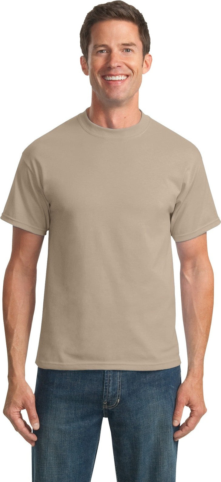 Front View of Desert Sand Port & Co Tall Core Blend Tee. PC55T