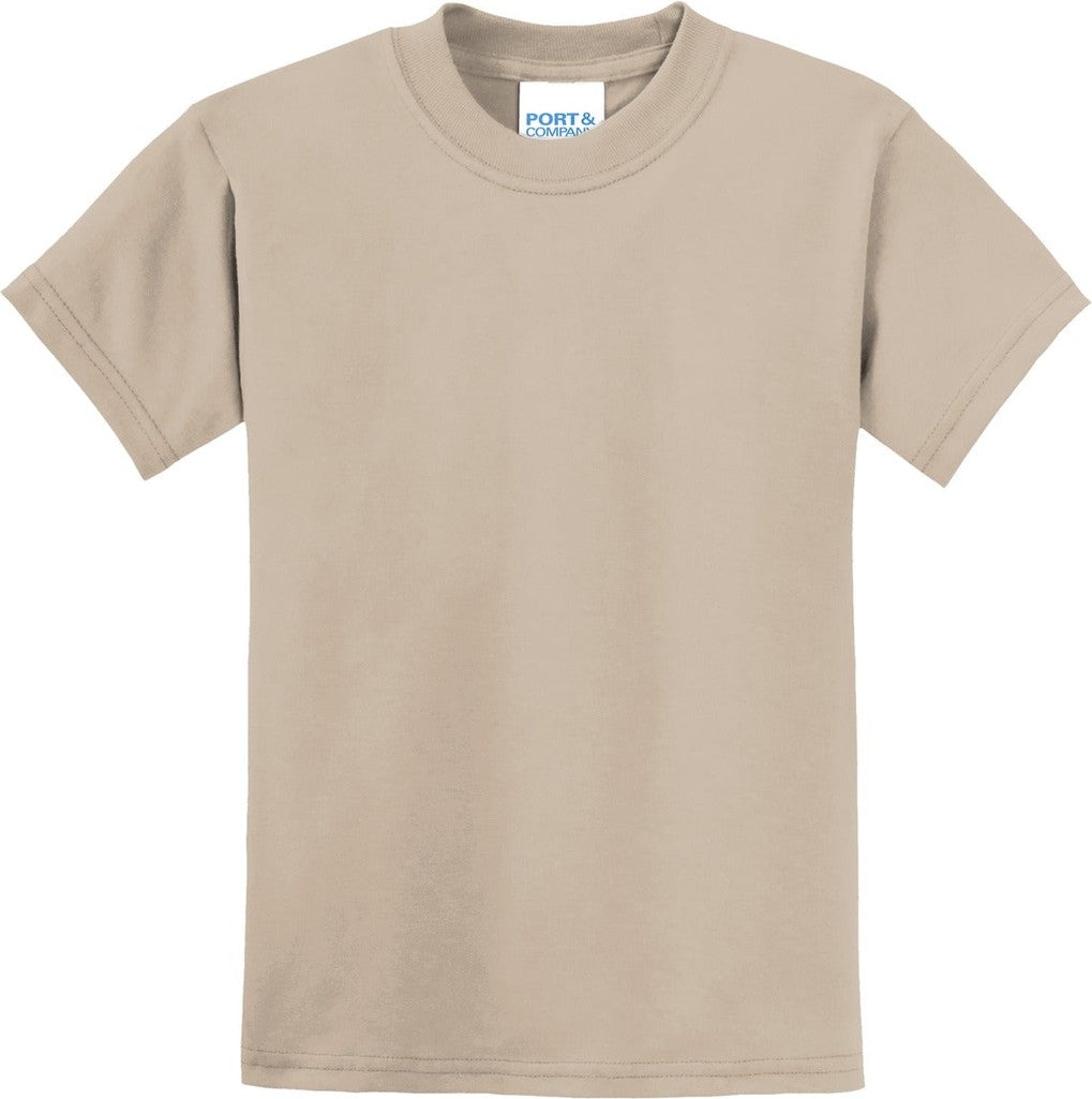 Front View of Desert Sand Port & Co Youth Core Blend Tee. PC55Y