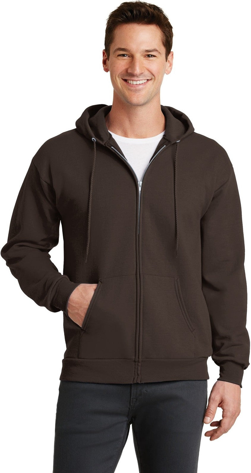 Front View of Dk Choc Brown Port & Co Core Fleece Full-Zip Hooded Sweatshirt. PC78ZH