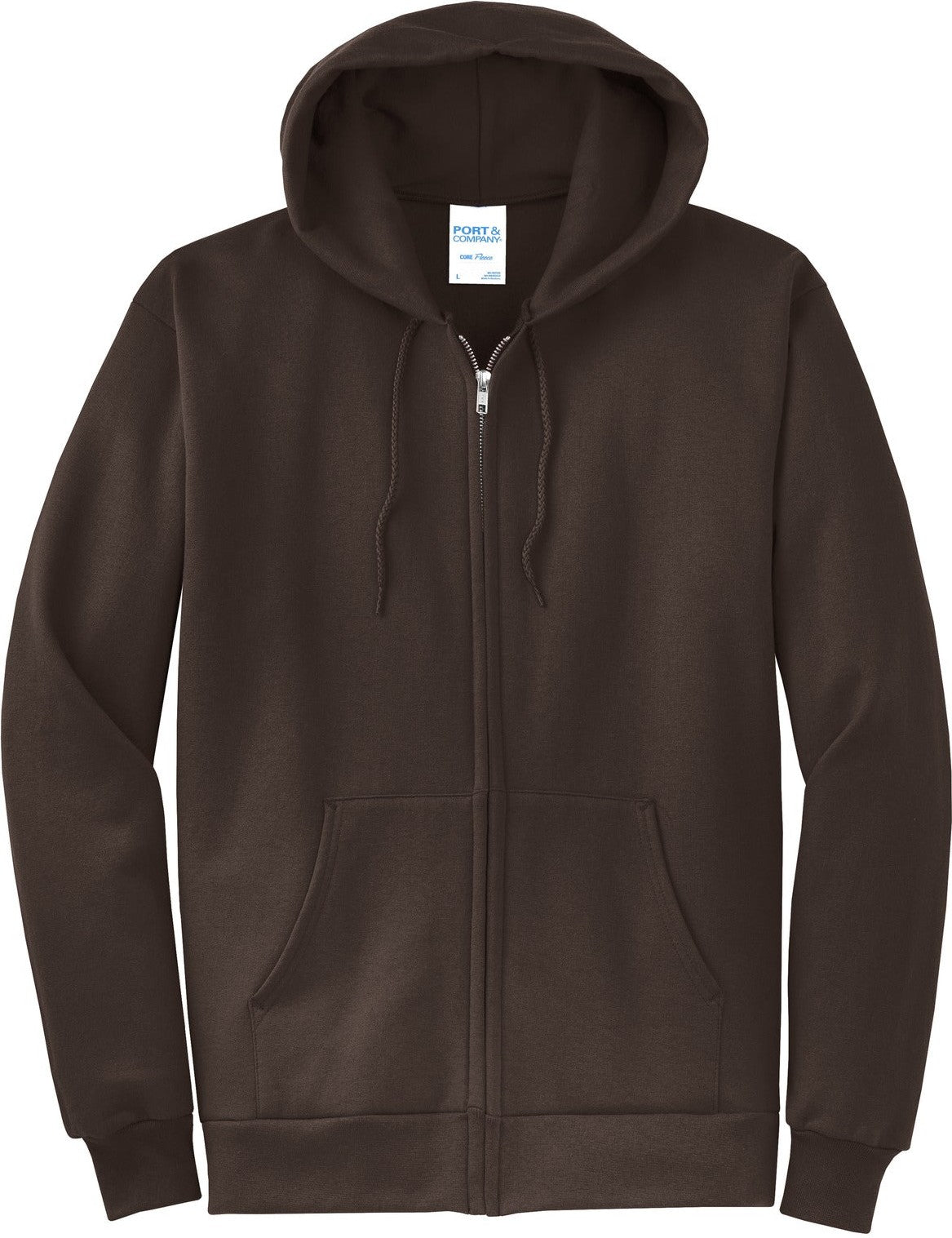 Front View of Dk Choc Brown Port & Co Core Fleece Full-Zip Hooded Sweatshirt. PC78ZH