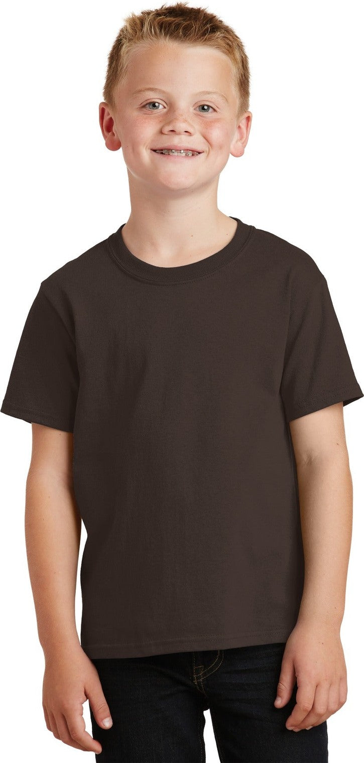 Front View of Dk Choc Brown Port & Co Youth Core Cotton Tee. PC54Y
