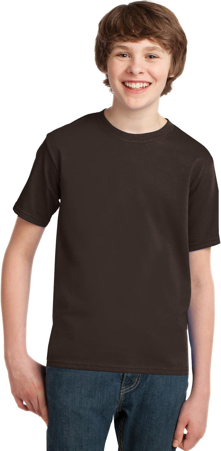 Front View of Dk Choc Brown Port & Co Youth Essential Tee. PC61Y