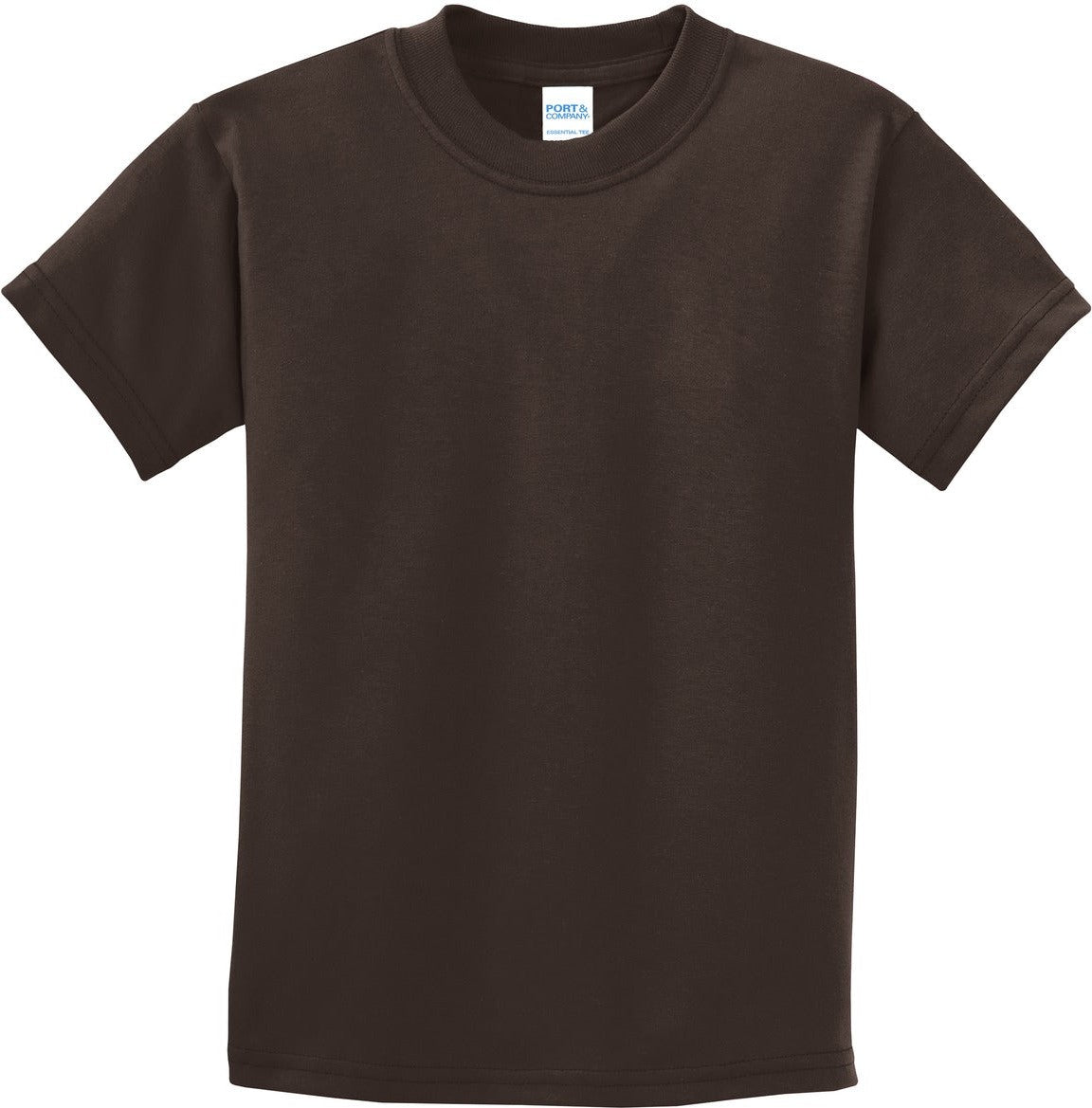 Front View of Dk Choc Brown Port & Co Youth Essential Tee. PC61Y