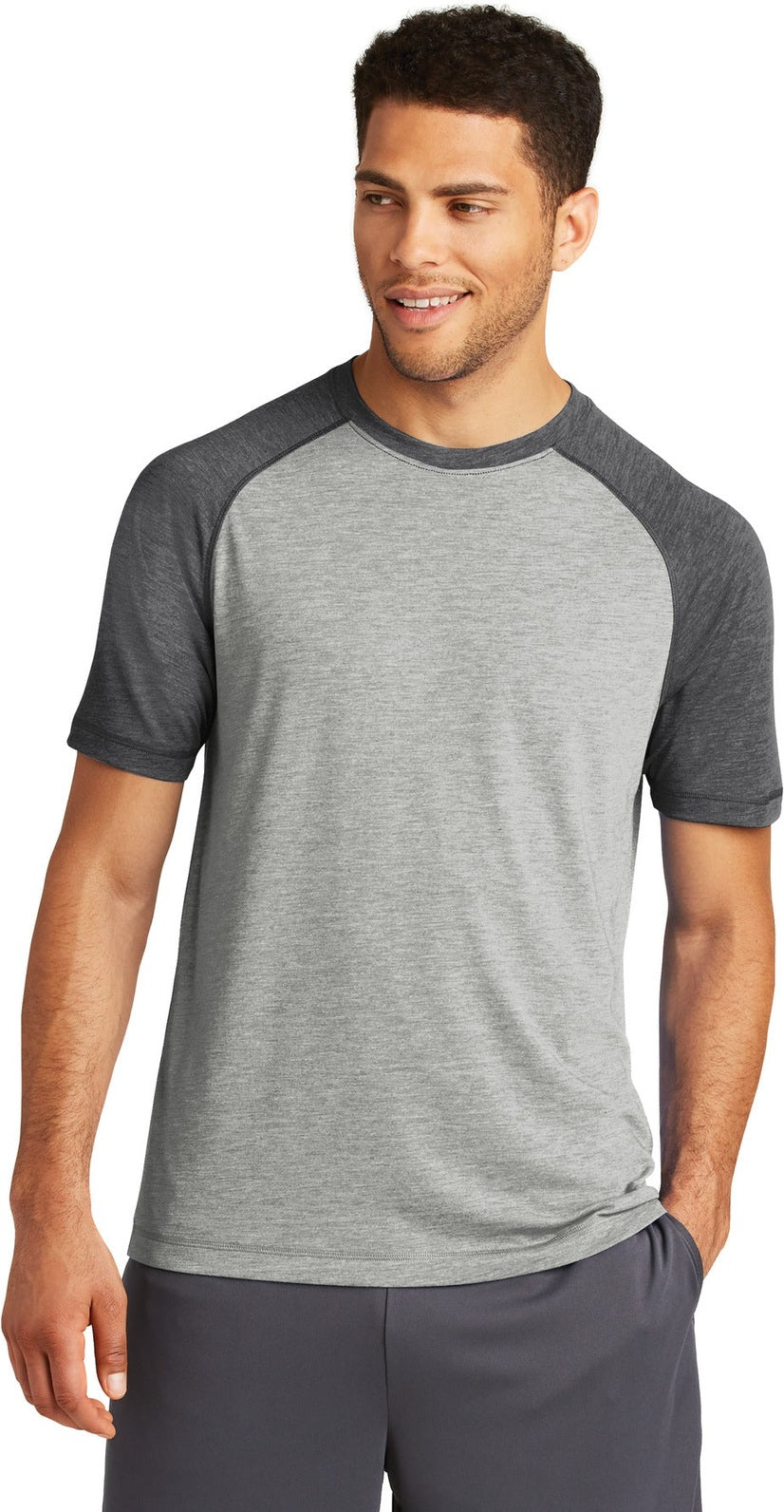 Front View of Dk Gry He/LGH Sport-Tek PosiCharge Tri-Blend Wicking Raglan Tee. ST400