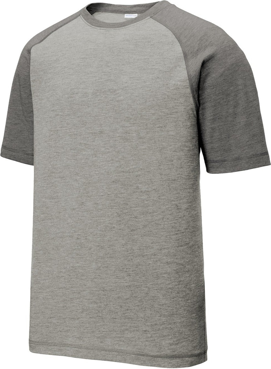 Front View of Dk Gry He/LGH Sport-Tek PosiCharge Tri-Blend Wicking Raglan Tee. ST400