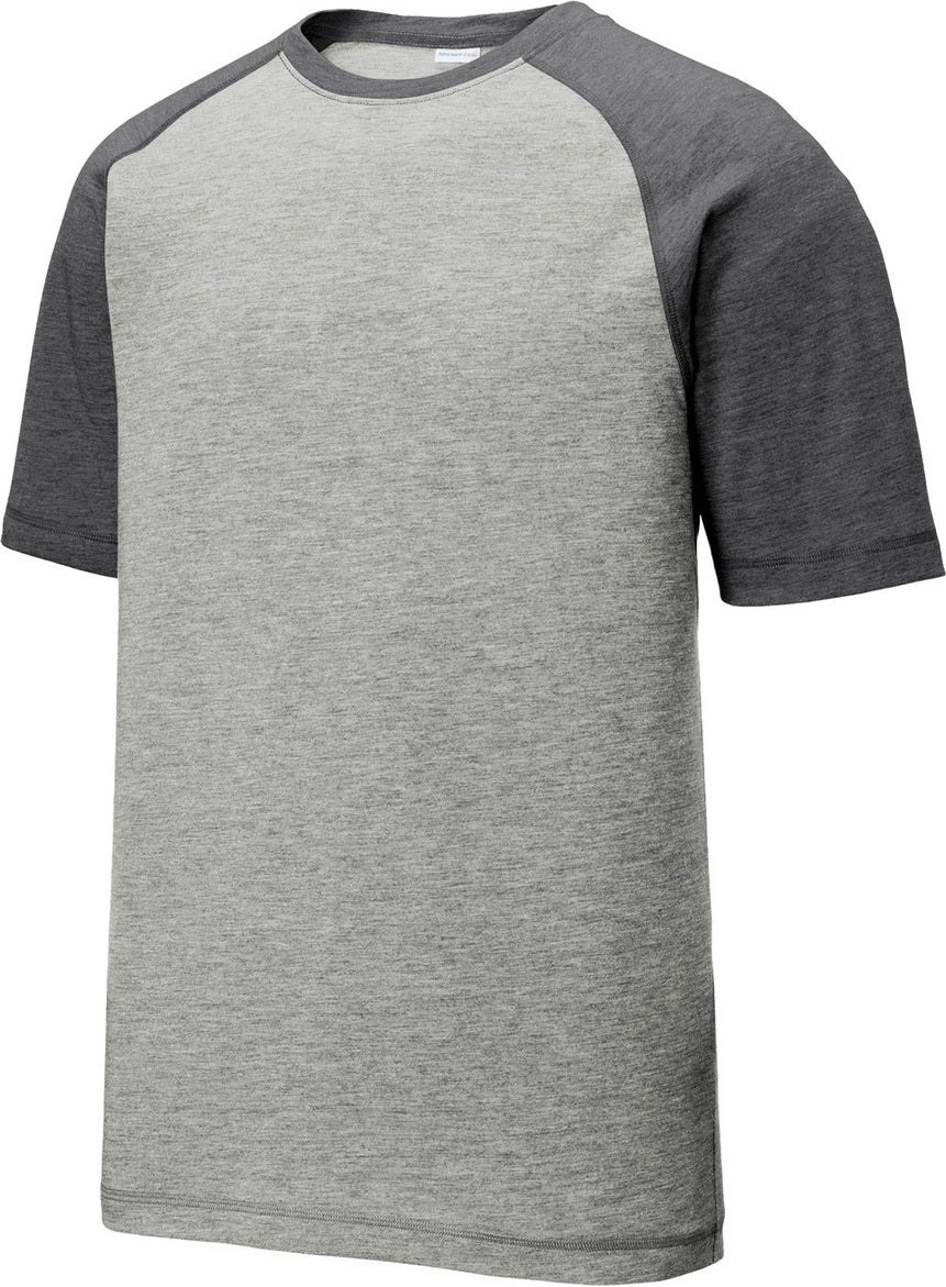 Front View of Dk Gry He/LGH Sport-Tek PosiCharge Tri-Blend Wicking Raglan Tee. ST400