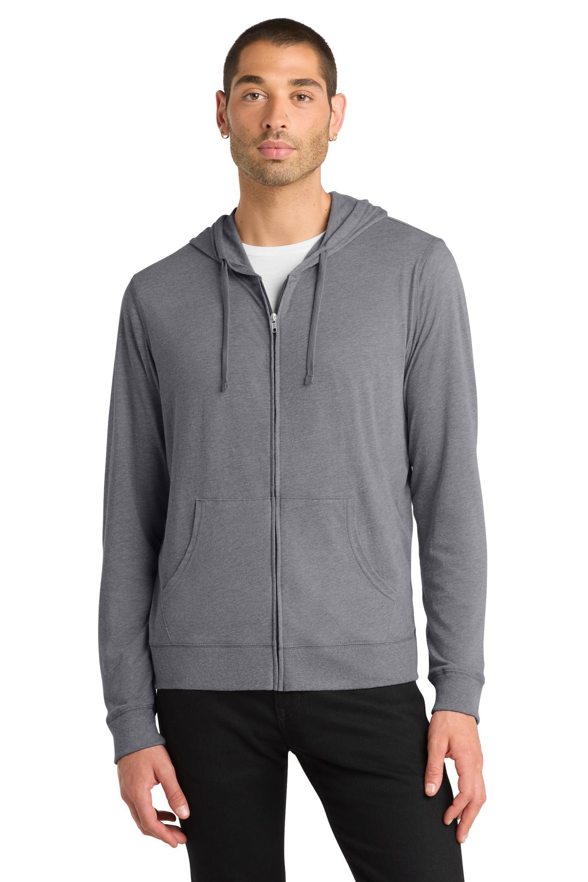 Front View of Dk Hthr Grey District Jersey Full-Zip Hoodie. DT1100