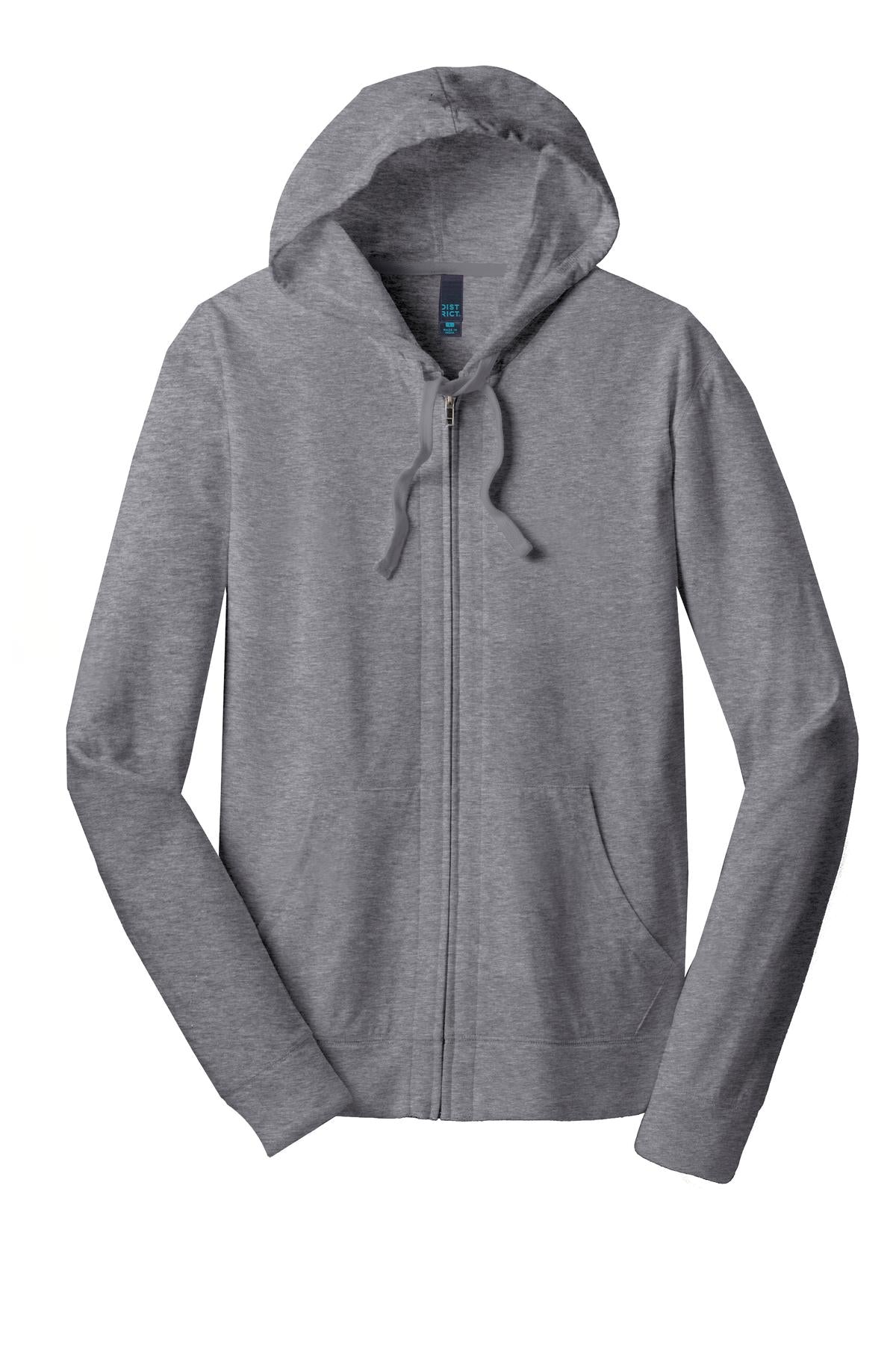 Front View of Dk Hthr Grey District Jersey Full-Zip Hoodie. DT1100