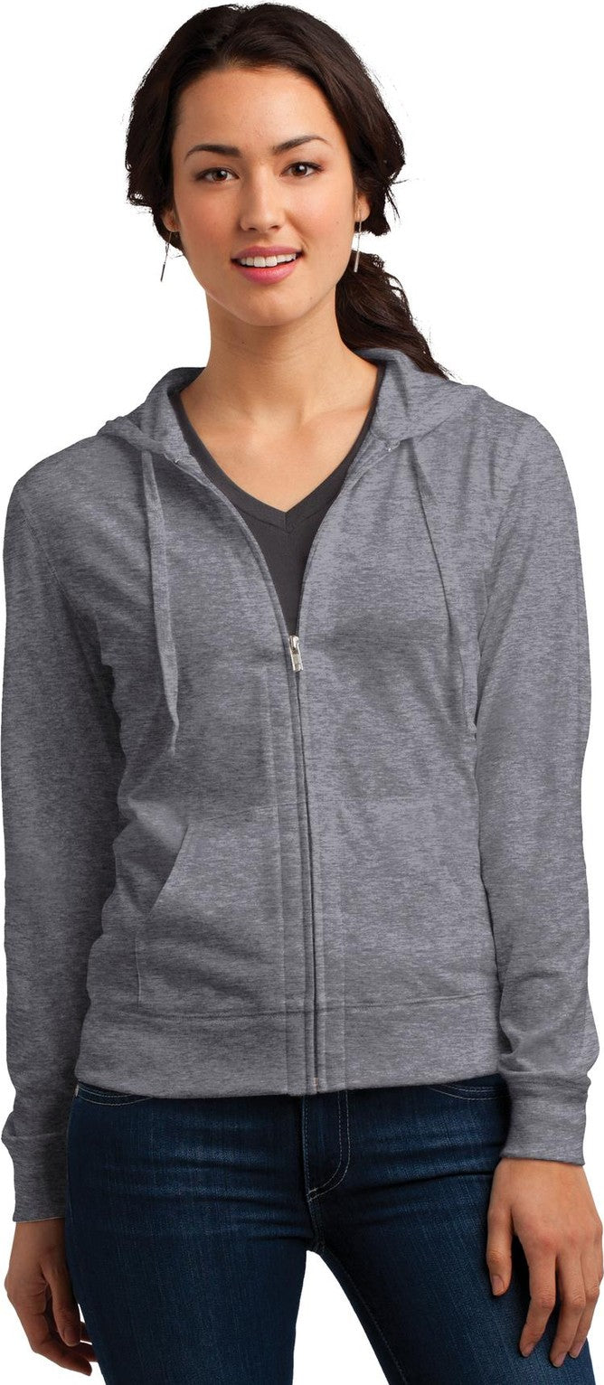 Front View of Dk Hthr Grey District Women's Fitted Jersey Full-Zip Hoodie. DT2100