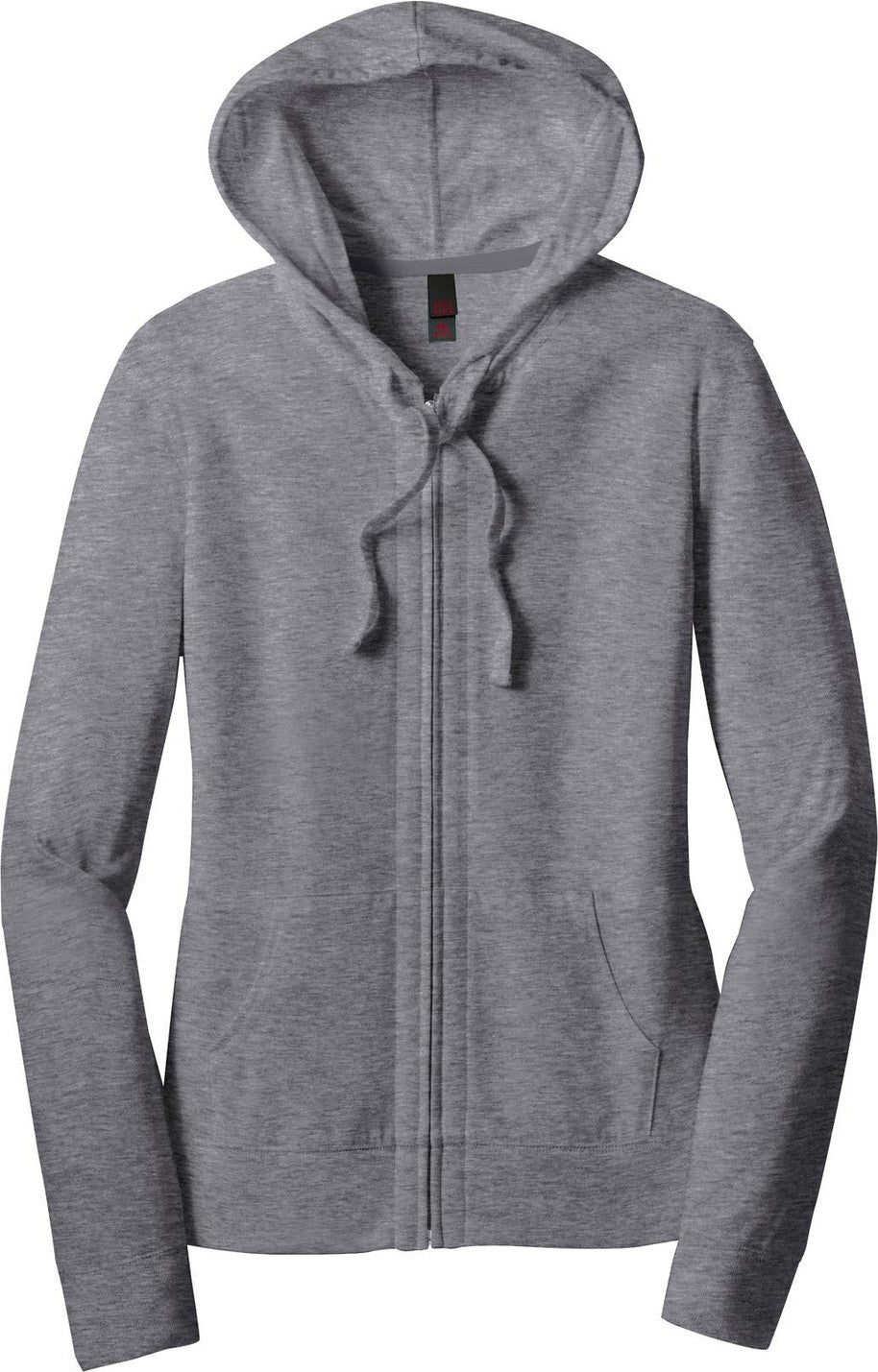 Front View of Dk Hthr Grey District Women's Fitted Jersey Full-Zip Hoodie. DT2100