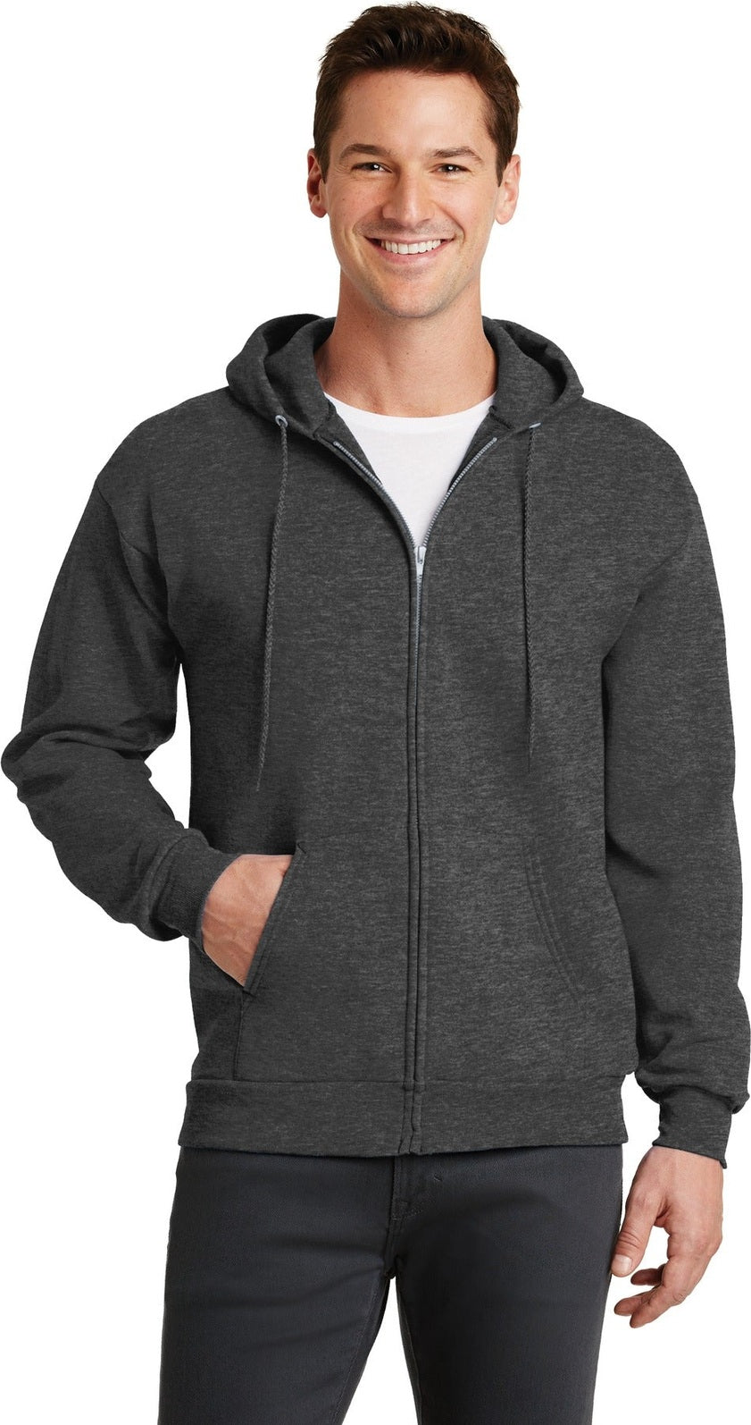 Front View of Dk Hthr Grey Port & Co Core Fleece Full-Zip Hooded Sweatshirt. PC78ZH