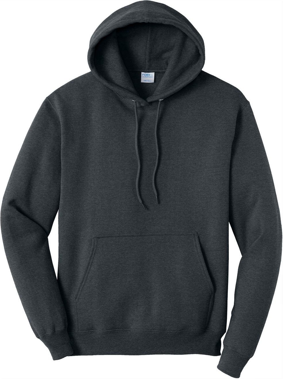 Front View of Dk Hthr Grey Port & Co Core Fleece Pullover Hooded Sweatshirt. PC78H