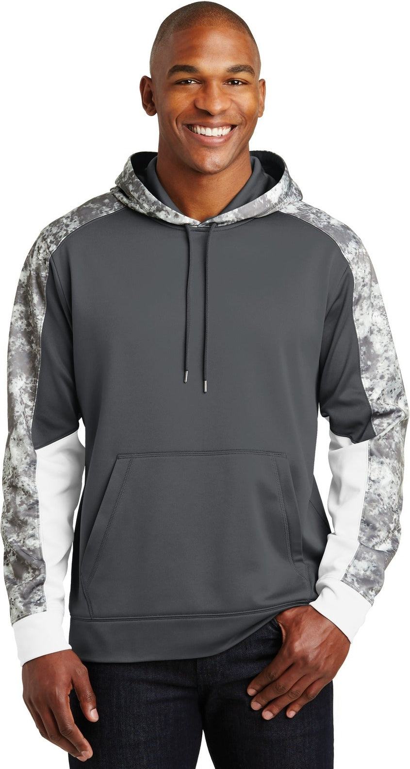 Front View of Dk Sm Gy/DS Gy Sport-Tek Sport-Wick Mineral Freeze Fleece Colorblock Hooded Pullover. ST231